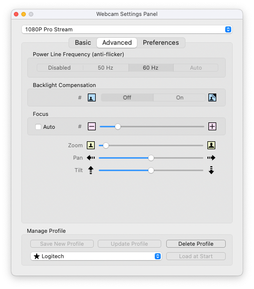 Webcam Settings App Advanced Settings screen