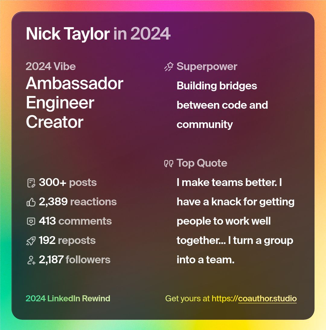 2024 Linkedin Rewind Get yours at https://coauthor.studio Nick Taylor in 2024 2024 Vibe Ambassador Engineer Creator Superpower Building bridges between code and community 300+ posts 2,389 reactions 413 comments 192 reposts & 2,187 followers Top Quote I make teams better. I have a knack for getting people to work well together... I turn a group into a team.